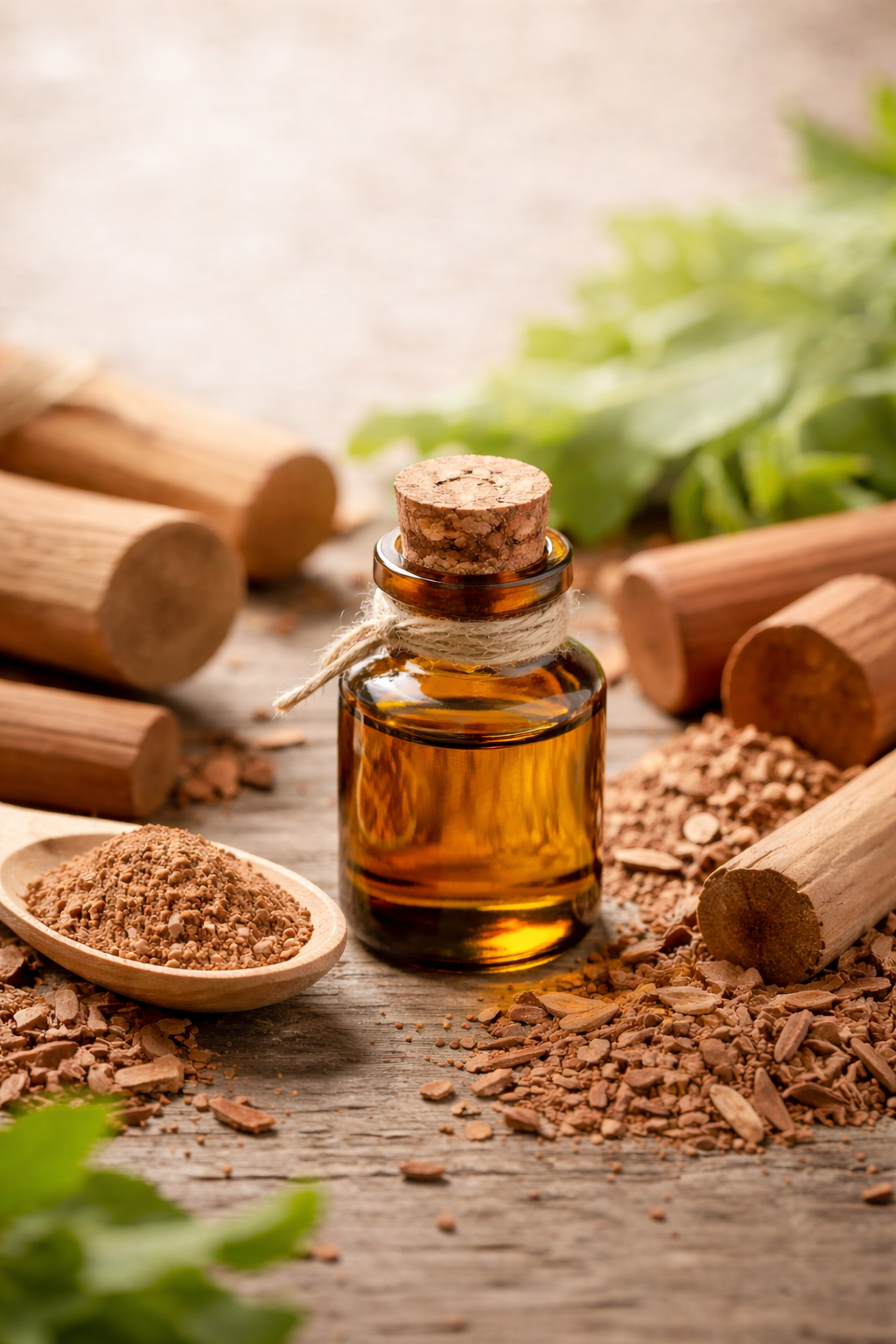 Sandalwood essential oil bottle with sandalwood powder and wood pieces on a rustic table