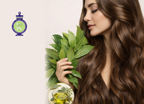 Woman holding fresh green leaves with herbal oil, representing natural plant-based hair care and essential oil benefits for healthy hair.