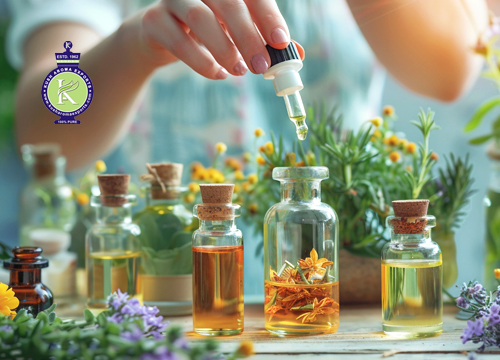 Person using a dropper to add essential oil into glass bottles surrounded by herbs and flowers for natural wellness