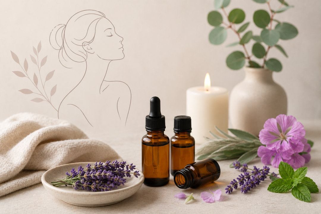 Minimal wellness-inspired arrangement featuring amber essential oil bottles, lavender sprigs, eucalyptus leaves, a soft candle glow, and delicate floral accents in a calm spa-like setting for menopause relief aromatherapy.