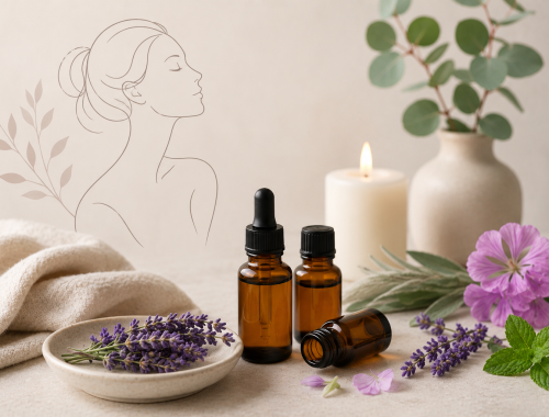 Minimal wellness-inspired arrangement featuring amber essential oil bottles, lavender sprigs, eucalyptus leaves, a soft candle glow, and delicate floral accents in a calm spa-like setting for menopause relief aromatherapy.