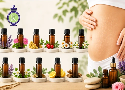 Essential oil bottles with lavender, rose, chamomile, citrus, and herbal botanicals displayed beside a pregnant woman’s belly, representing natural oils for stretch mark care.
