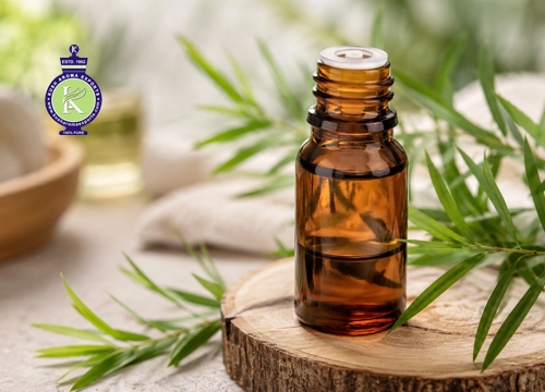 Tea tree essential oil bottle surrounded by fresh tea tree leaves in a natural wellness setting for burn care and skin recovery