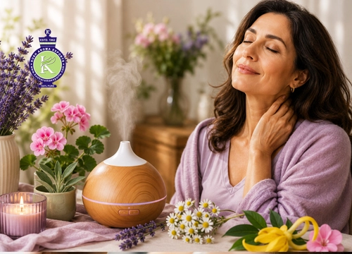 Woman enjoying aromatherapy with essential oil diffuser surrounded by lavender flowers and natural wellness ingredients at home