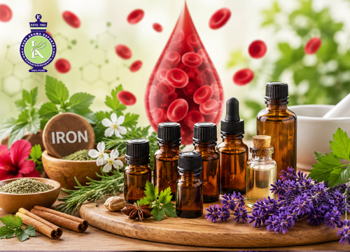 Essential oil bottles with herbs, lavender, iron symbol, and red blood cell illustration, representing natural wellness support for individuals with anemia.