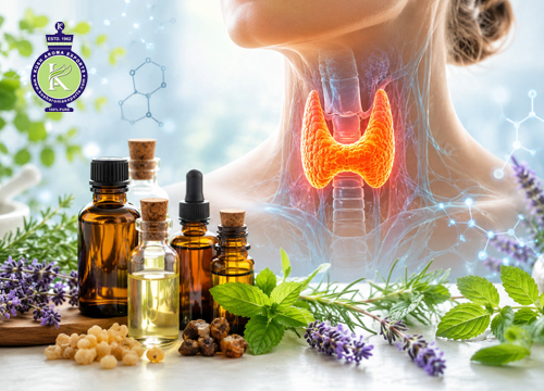Essential oils for thyroid support with lavender, peppermint, frankincense, and herbal extracts displayed beside an illustrated human thyroid gland.