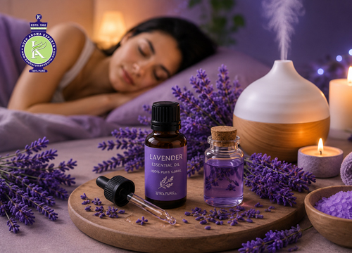 Lavender essential oil bottle with fresh lavender flowers and an aroma diffuser beside a person sleeping peacefully, representing the natural sleep-supporting benefits of lavender oil.