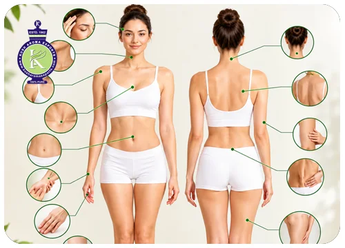 How to use essential oils on the skin: body map of topical application points on wrists, neck, temples, chest and back